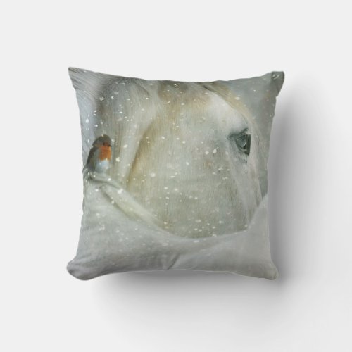 Photo of a White Horse and Bird in Winter Throw Pillow