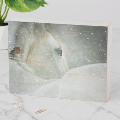 Photo of a White Horse and Bird in Winter Wooden Box Sign
