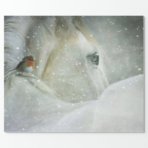 Photo of a White Horse and Bird in Winter Wrapping Paper