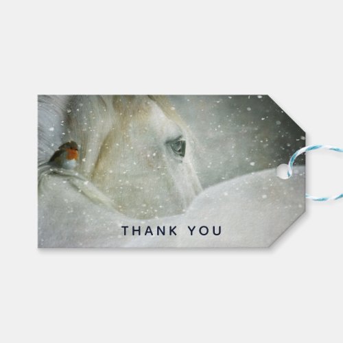 Photo of a White Horse  Bird in Winter Thank You Gift Tags