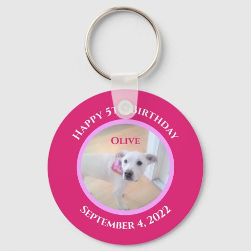 Photo of Adorable Puppy Dog Wearing Hot Pink Scarf Keychain