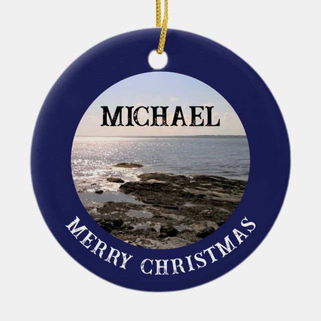 Photo of Atlantic Ocean Add Name to Navy Blue Ceramic Ornament (Front)