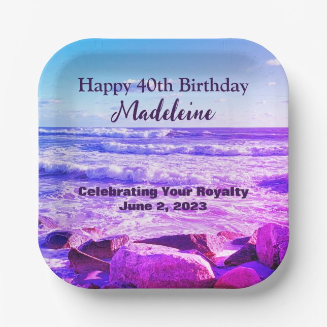 Photo of Atlantic Ocean Waves 40th Birthday Purple Paper Plates (Front)