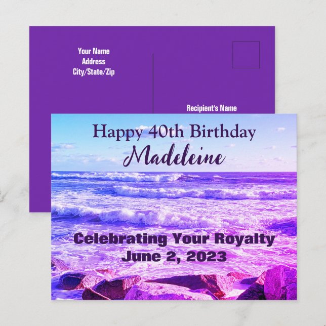 Photo of Atlantic Ocean Waves 40th Birthday Purple Postcard (Front/Back)