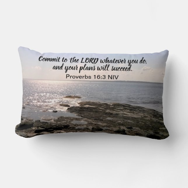 Photo of Atlantic Ocean With Bible Success Verse Lumbar Pillow (Front)