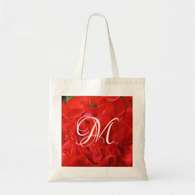 Photo of Beautiful Red Geranium Floral Initial Tote Bag (Front)