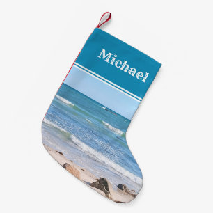 Photo of Blue Ocean Waves Sandy Beach Small Christmas Stocking