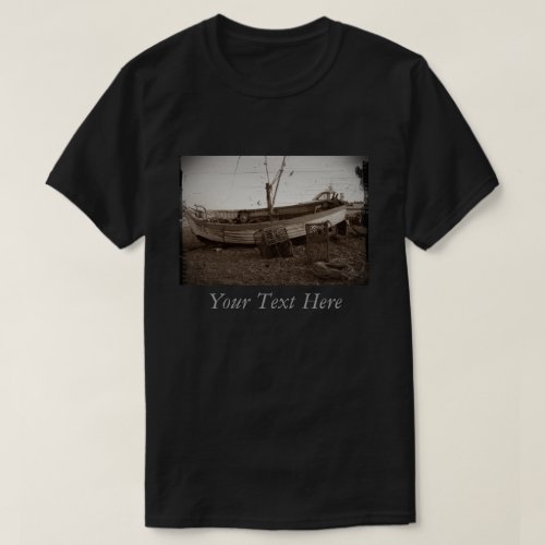 photo of boat and lobster pots on the beach T_Shirt