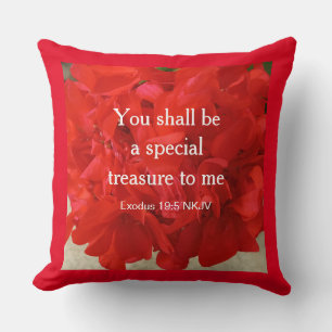 Photo of Bright Red Geranium Floral Bible Verse Throw Pillow