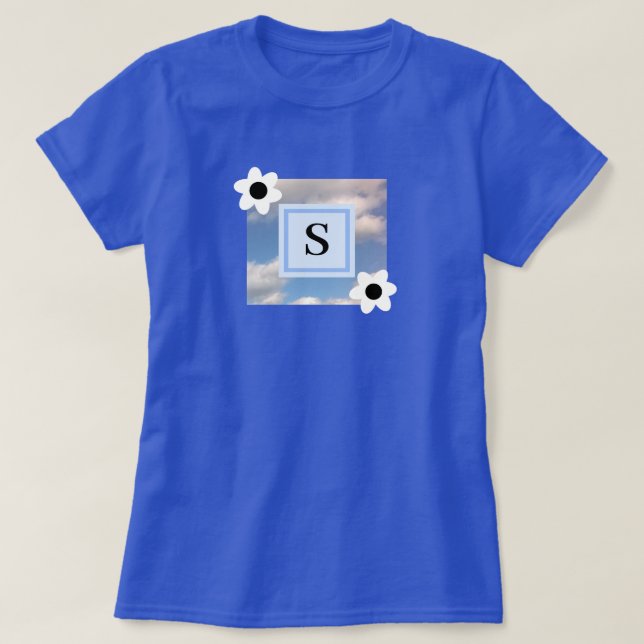 Photo of Cloudy Sky With Initial in floral frame T T-Shirt (Design Front)