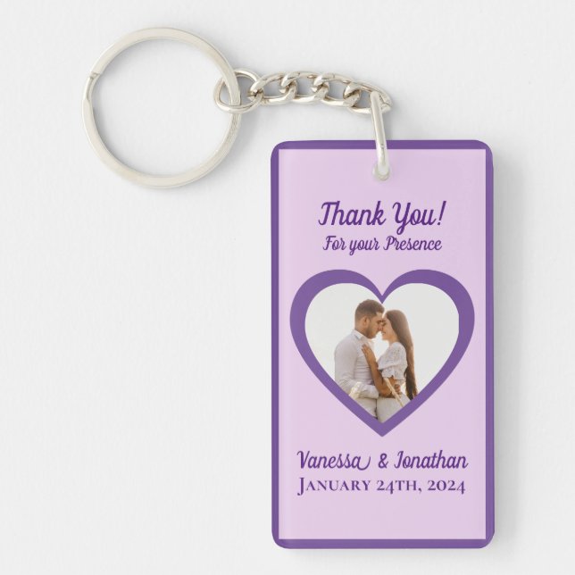Photo of Couple  in Heart Wedding Favor  Purple Keychain (Front)