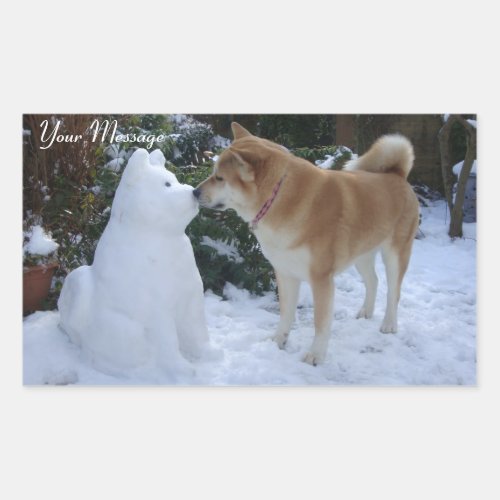 photo of cute akita kissing snowman akita dog rectangular sticker