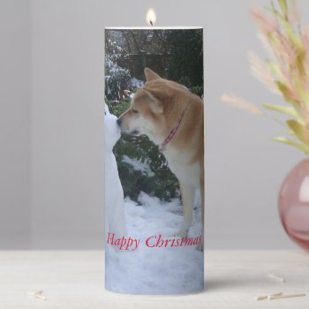 Photo Of Cute Dog Kissing Snowman Dog Pillar Candle by artoriginals at Zazzle