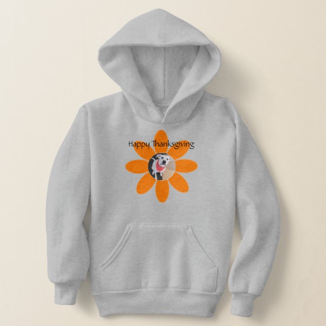 Photo of Cute Puppy Dog in Orange Flower Holiday Hoodie (Laydown)