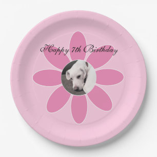 Photo of Cute Puppy Dog in Pink Flower Frame Paper Plates