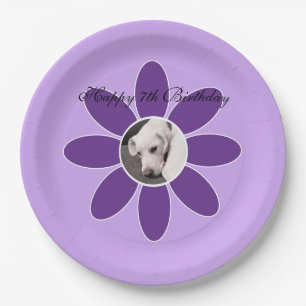 Photo of Cute Puppy Dog in Purple Flower Frame Paper Plates