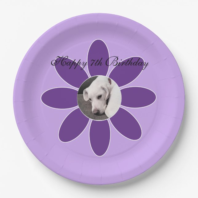 Photo of Cute Puppy Dog in Purple Flower Frame Paper Plates (Front)