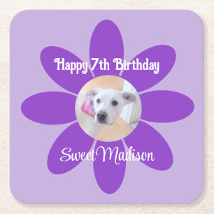 Photo of Cute Puppy Dog in Purple Flower Square Paper Coaster