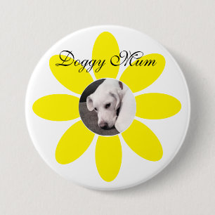 Photo of Cute Puppy Dog in Yellow Flower Frame Button