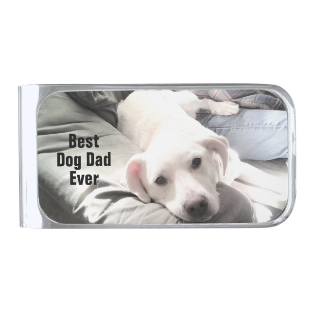 Photo of Cute White Dog Best Dad Ever Silver Finish Money Clip (Front)