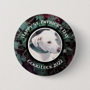 Photo of Cute White Dog Green Shamrocks Clovers Button