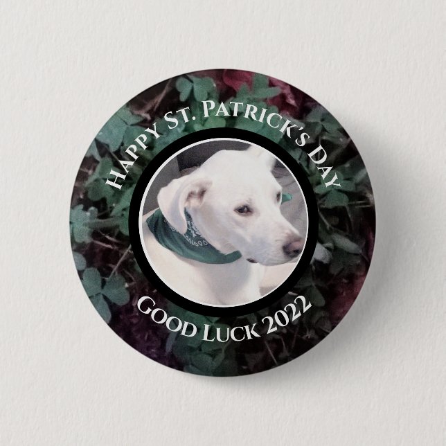 Photo of Cute White Dog Green Shamrocks Clovers Button (Front)