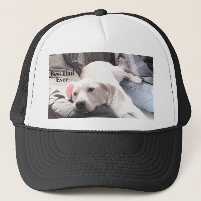 Photo of Cute White Dog Hanging Out Best Dad Ever Trucker Hat (Front)
