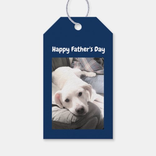 Photo of Cute White Dog Hanging Out with Dad Blue Gift Tags