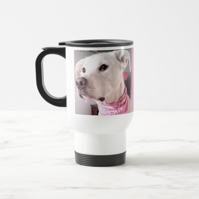 Photo of Cute White Dog Personalize With Name Pink Travel Mug (Left)