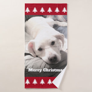 Photo of Cute White Dog Red Christmas Trees Bath T Towel