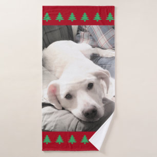 Photo of Cute White Dog Red Christmas Trees Bath Towel