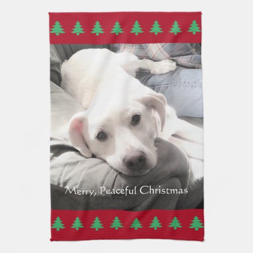 Photo of Cute White Dog Red Christmas Trees Kitchen Towel
