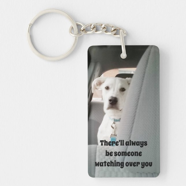 Photo of Cute White Dog Watching Over You Guardian Keychain (Front)