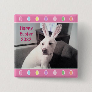 Photo of Cute White Dog Wearing Easter Bunny Ears Button