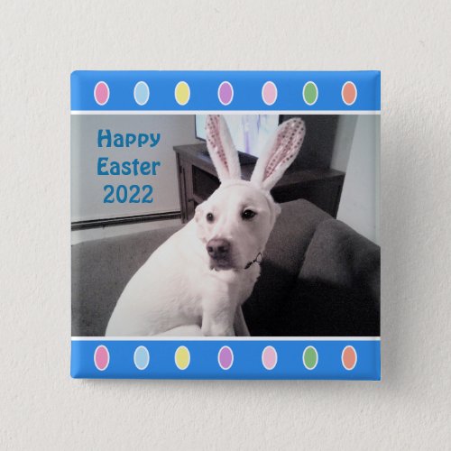 Photo of Cute White Dog Wearing Easter Bunny Ears Button