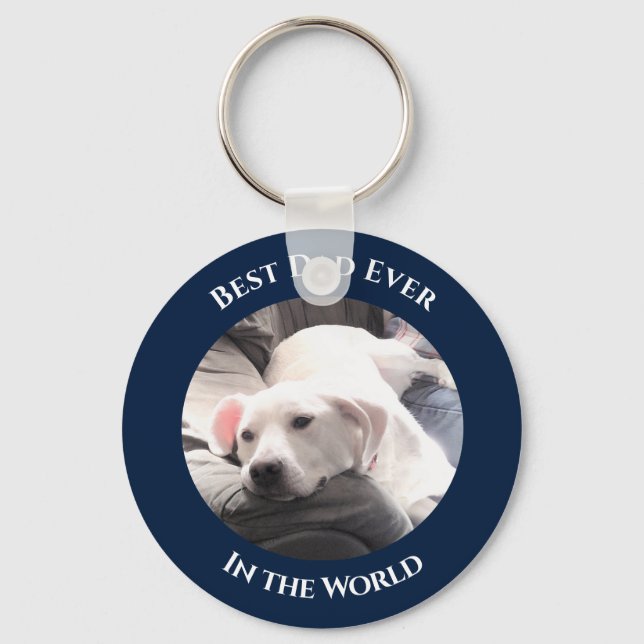 Photo of Cute White Dog With Best Friend Dad Blue Keychain (Front)