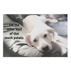 Photo of Cute White Dog With Dad Couch Potato Faux Canvas Print