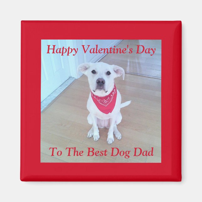 Photo of Cute White Dog with Funny Ears Red Button Magnet (Front)