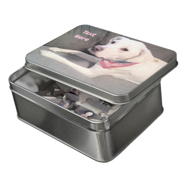 Photo of Cute White Labrador Mix Wearing Scarf Jigsaw Puzzle (Lid Open)