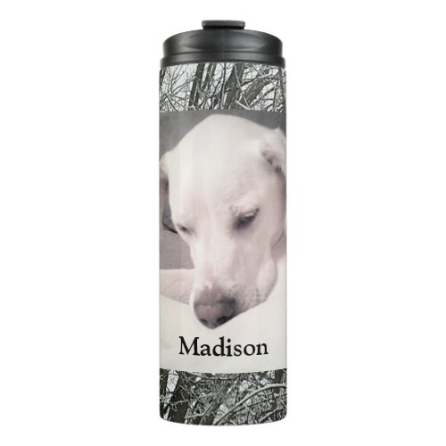 Photo of Cute White Lazy Dog Winter Snow Day Therm Thermal Tumbler