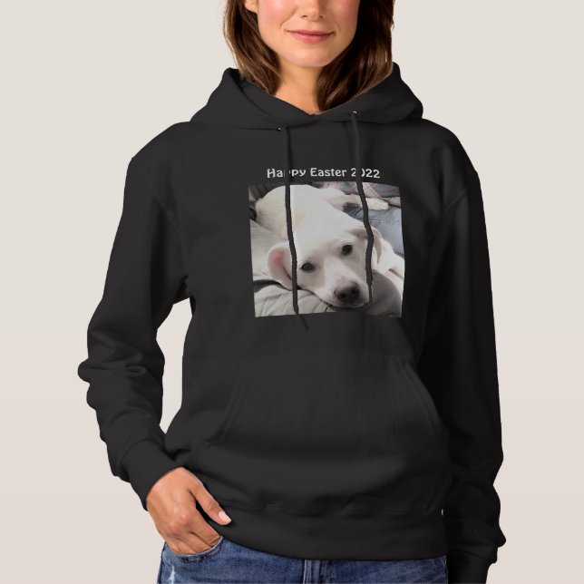 Photo of Cute White Puppy Dog Easter Gift Black Hoodie (Front)