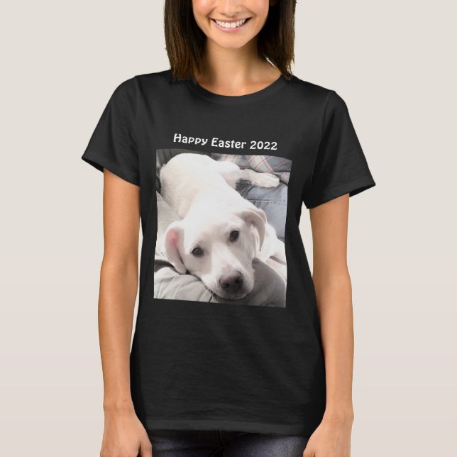 Photo of Cute White Puppy Dog Easter Gift Black T-Shirt (Front)