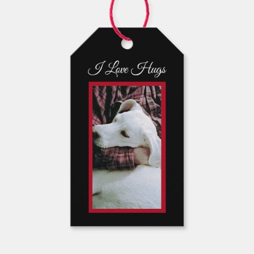 Photo of Cute White Puppy Dog I Love Hugs Black Gift Tags