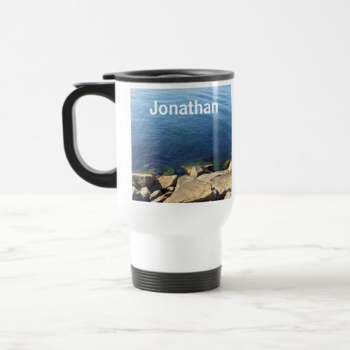 Photo of Deep Blue Atlantic Ocean Rocky Cliff Name Travel Mug