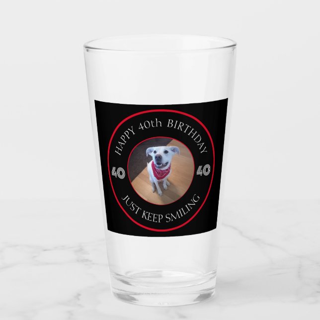 Photo of Dog Grinning Birthday 40 Black and Red Glass (Front)