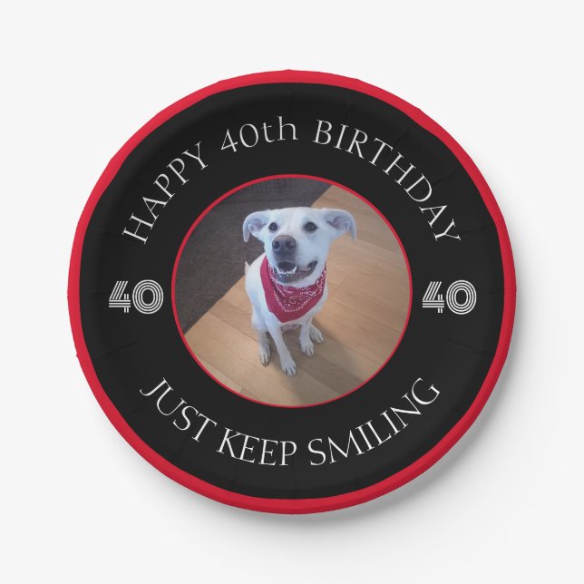 Photo of Dog Grinning Birthday 40 Black and Red Paper Plates (Front)