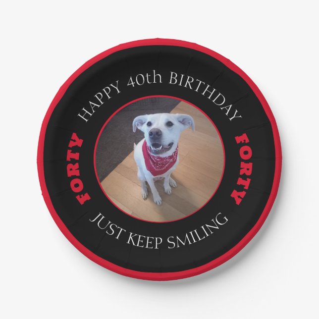 Photo of Dog Smiling Birthday 40 Black and Red Paper Plates (Front)