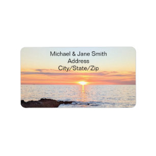 Photo of Golden Orange Sunset Over Blue Ocean Label