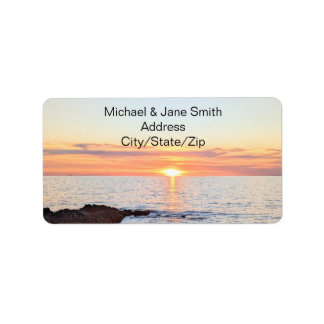 Photo of Golden Orange Sunset Over Blue Ocean Label