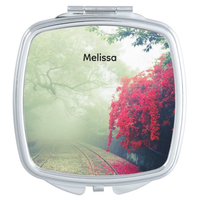 Photo of Misty Train Tracks & Red Tree Compact Mirror (Front)